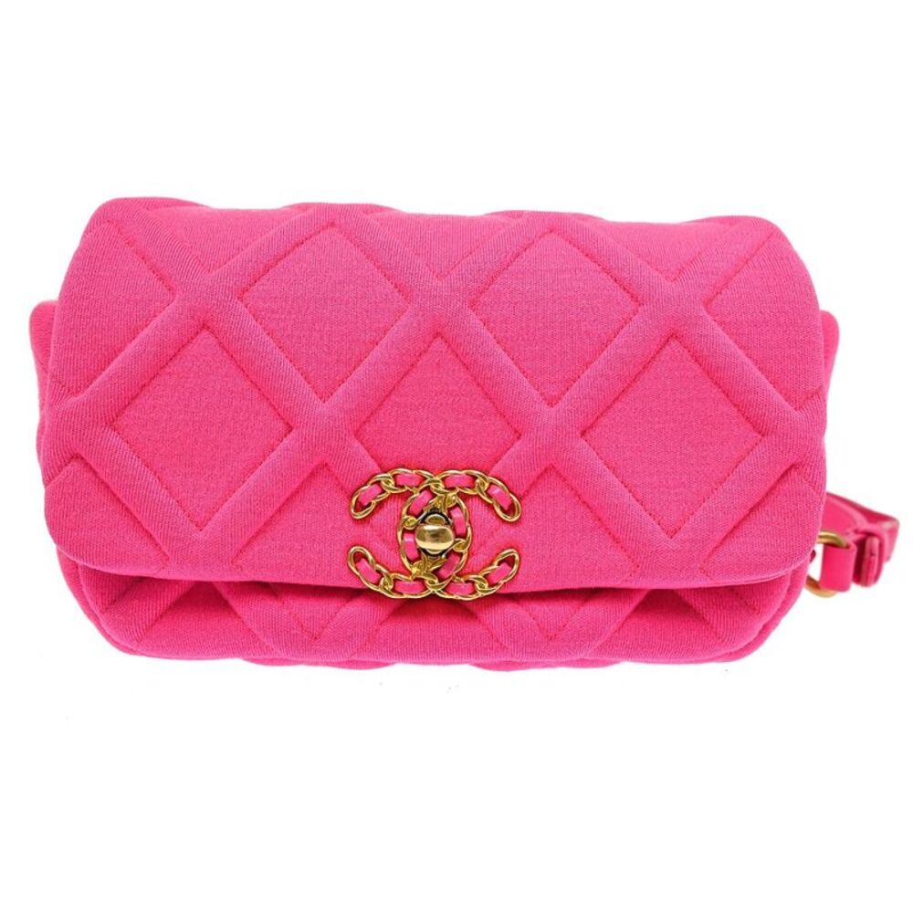 Chanel 19 Belt Quilted Jersey Pink Canvas Shoulder Bag Bag